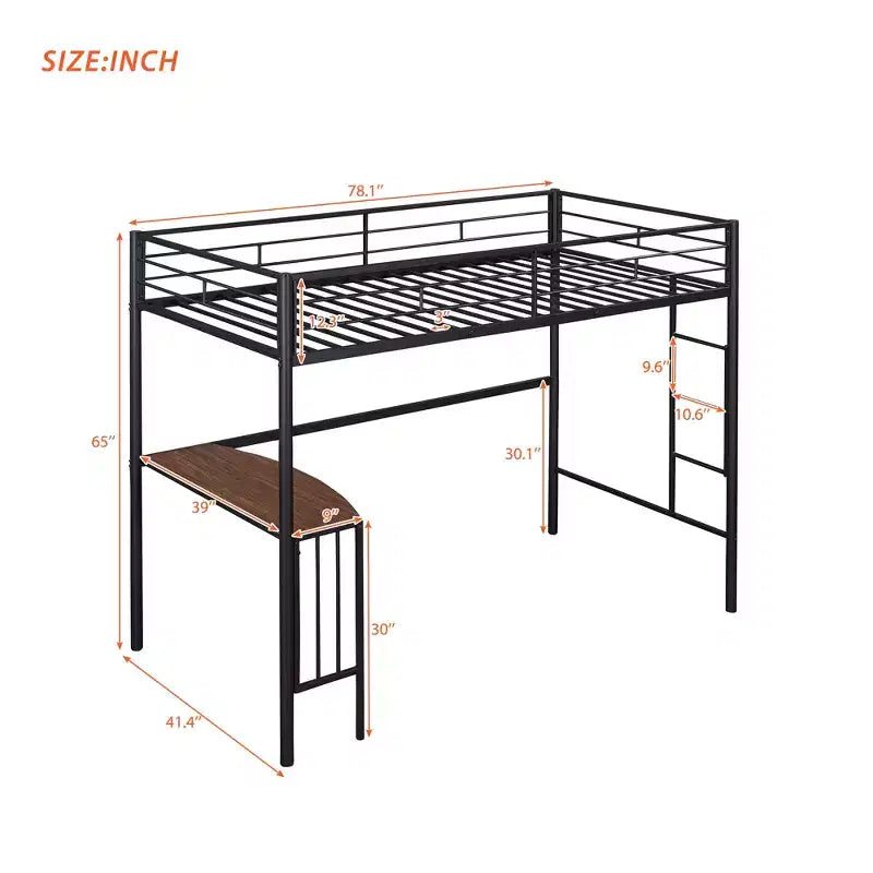 Lit mezzanine en métal pour lits jumeaux avec bureau intégré, échelle et barrières de sécurité, 198,4 cm L x 105,2 cm l, lit mezzanine pour chambre à coucher