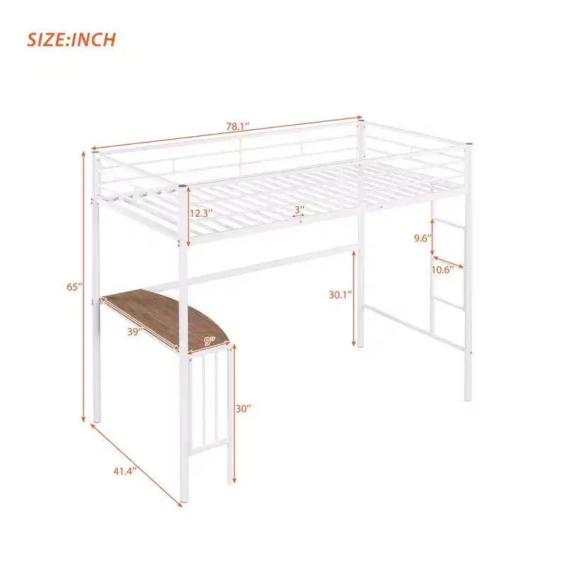 Lit mezzanine en métal pour lits jumeaux avec bureau intégré, échelle et barrières de sécurité, 198,4 cm L x 105,2 cm l, lit mezzanine pour chambre à coucher