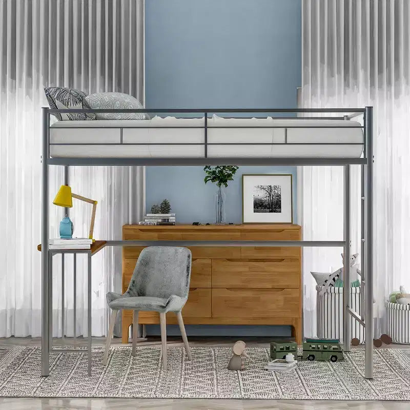 Lit mezzanine en métal pour lits jumeaux avec bureau intégré, échelle et barrières de sécurité, 198,4 cm L x 105,2 cm l, lit mezzanine pour chambre à coucher