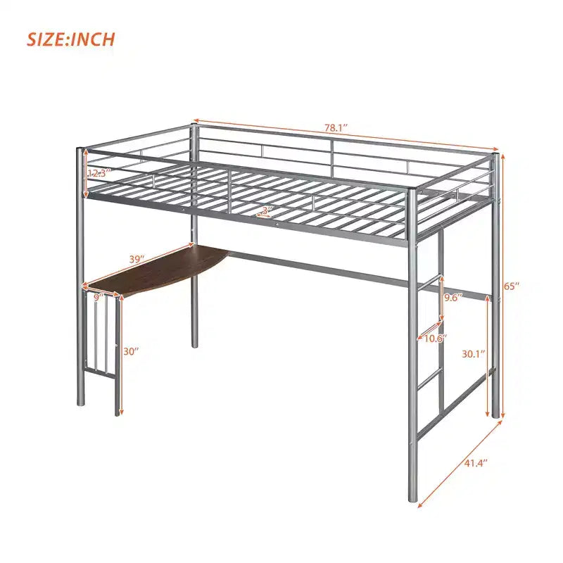 Lit mezzanine en métal pour lits jumeaux avec bureau intégré, échelle et barrières de sécurité, 198,4 cm L x 105,2 cm l, lit mezzanine pour chambre à coucher