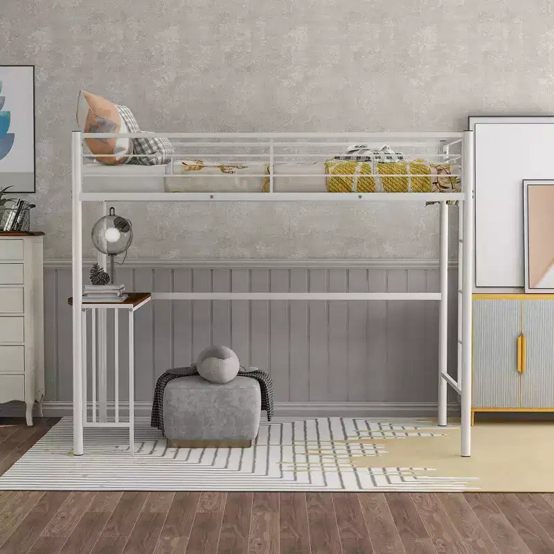 Lit mezzanine en métal pour lits jumeaux avec bureau intégré, échelle et barrières de sécurité, 198,4 cm L x 105,2 cm l, lit mezzanine pour chambre à coucher