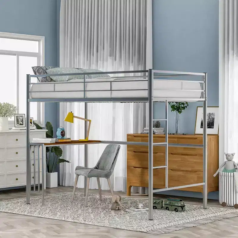 Lit mezzanine en métal pour lits jumeaux avec bureau intégré, échelle et barrières de sécurité, 198,4 cm L x 105,2 cm l, lit mezzanine pour chambre à coucher