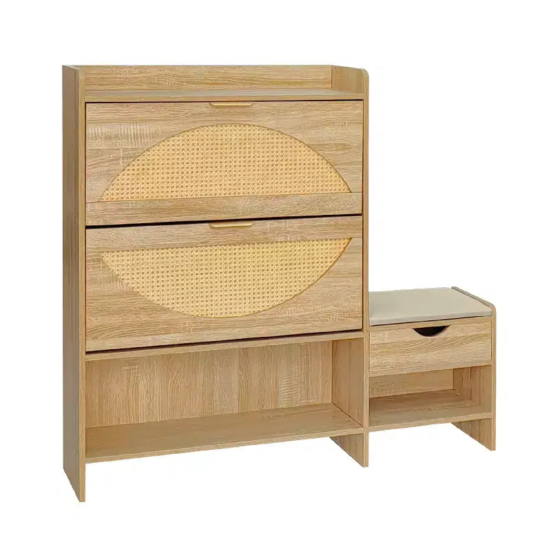 Meuble à Chaussures en Rotin avec 2 Tiroirs Abattants, un Tiroir de Rangement et un Banc pour Entrée et Couloir Marron Clair