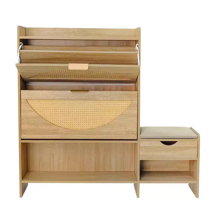 Meuble à Chaussures en Rotin avec 2 Tiroirs Abattants, un Tiroir de Rangement et un Banc pour Entrée et Couloir Marron Clair
