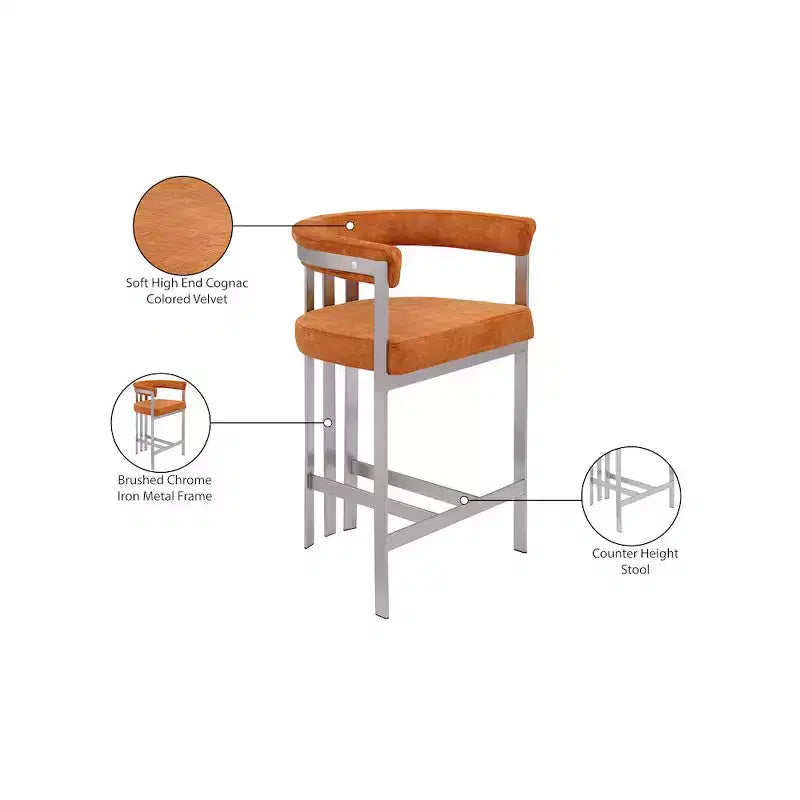 Tabouret de comptoir Marcello en velours couleur cognac, lot de 2