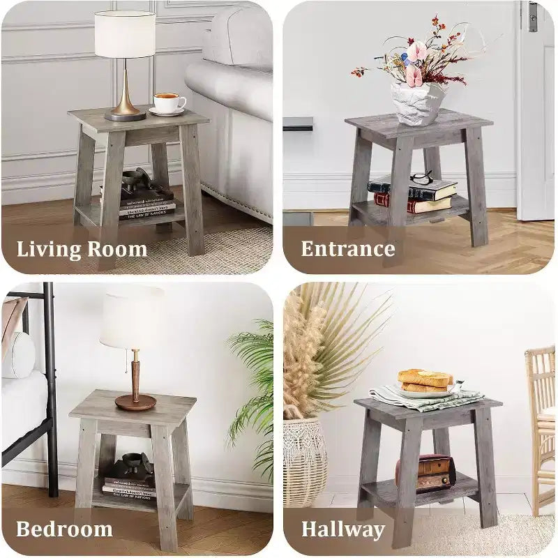 Table d'appoint rustique grise 2 pièces, table de chevet à 2 niveaux avec étagère de rangement pour chambre à coucher, salon, entrée, conception peu encombrante