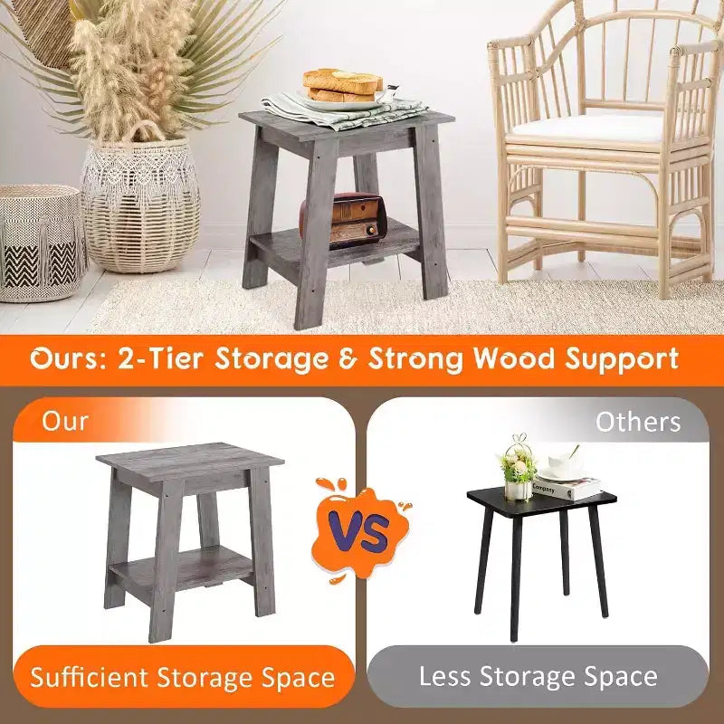 Table d'appoint rustique grise 2 pièces, table de chevet à 2 niveaux avec étagère de rangement pour chambre à coucher, salon, entrée, conception peu encombrante