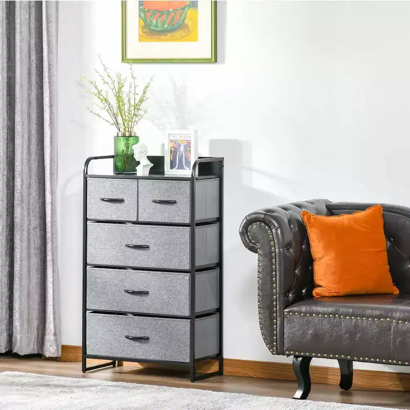 Commode de Chambre à Coucher avec 9 Tiroirs, Commode de Rangement avec Bacs en Tissu Faciles à Tirer, Cadre en Acier avec Plateau en Bois pour Placard Buanderie Entrée