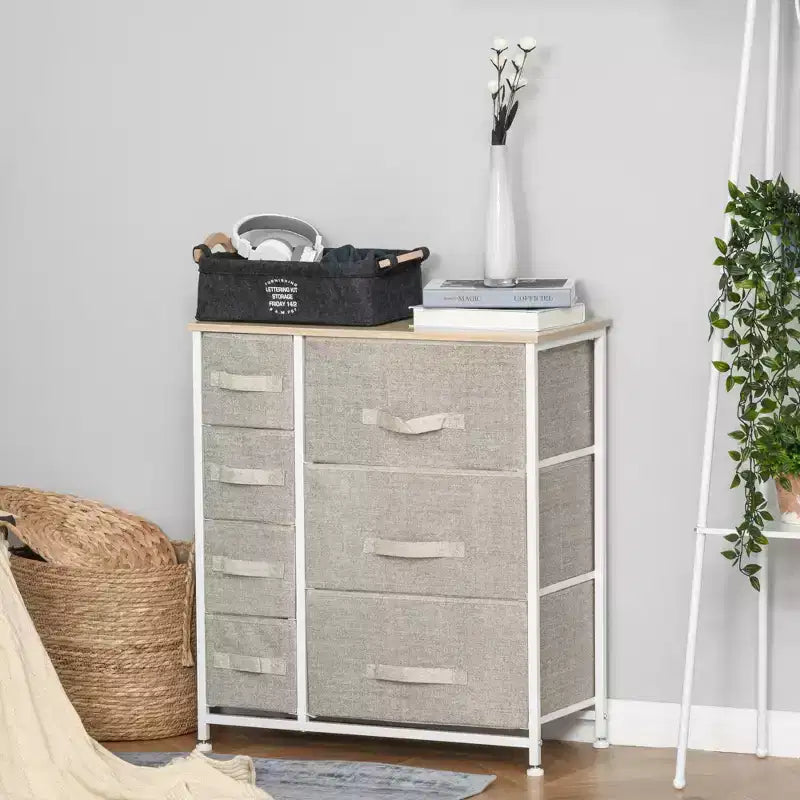 Commode de Chambre à Coucher avec 9 Tiroirs, Commode de Rangement avec Bacs en Tissu Faciles à Tirer, Cadre en Acier avec Plateau en Bois pour Placard Buanderie Entrée