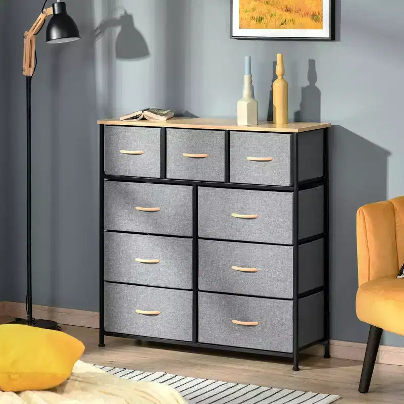 Commode de Chambre à Coucher avec 9 Tiroirs, Commode de Rangement avec Bacs en Tissu Faciles à Tirer, Cadre en Acier avec Plateau en Bois pour Placard Buanderie Entrée
