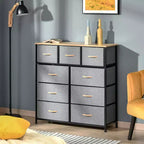 Commode de Chambre à Coucher avec 9 Tiroirs, Commode de Rangement avec Bacs en Tissu Faciles à Tirer, Cadre en Acier avec Plateau en Bois pour Placard Buanderie Entrée