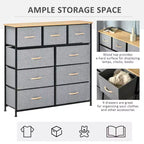 Commode de Chambre à Coucher avec 9 Tiroirs, Commode de Rangement avec Bacs en Tissu Faciles à Tirer, Cadre en Acier avec Plateau en Bois pour Placard Buanderie Entrée