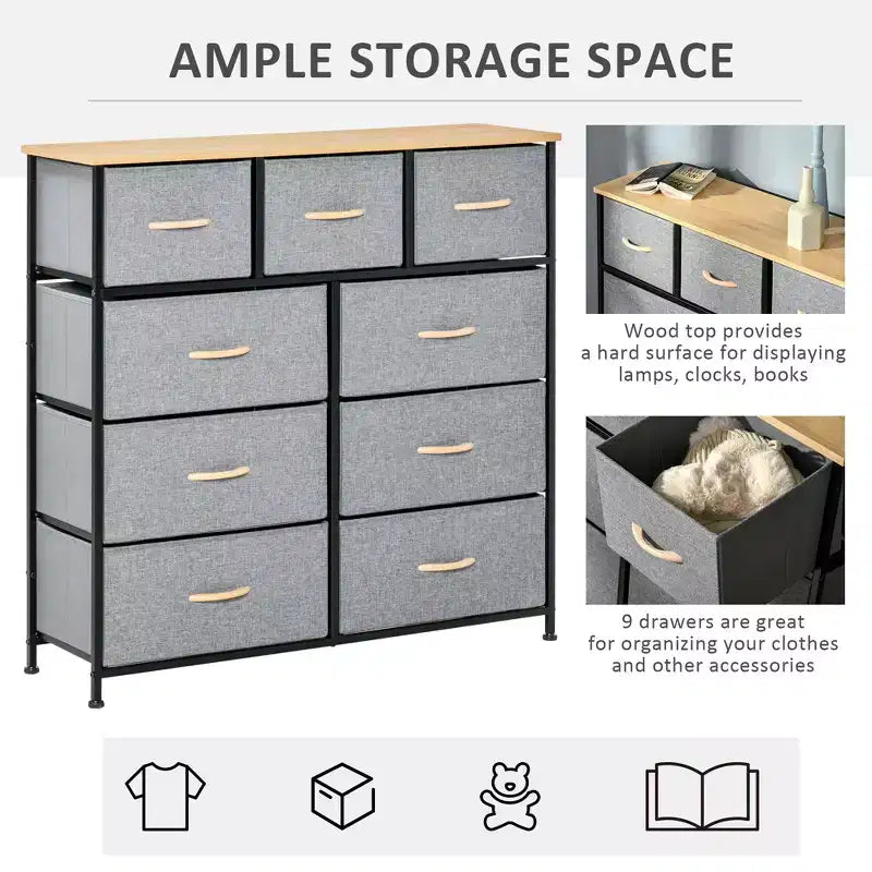 Commode de Chambre à Coucher avec 9 Tiroirs, Commode de Rangement avec Bacs en Tissu Faciles à Tirer, Cadre en Acier avec Plateau en Bois pour Placard Buanderie Entrée