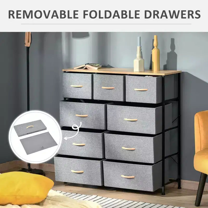 Commode de Chambre à Coucher avec 9 Tiroirs, Commode de Rangement avec Bacs en Tissu Faciles à Tirer, Cadre en Acier avec Plateau en Bois pour Placard Buanderie Entrée