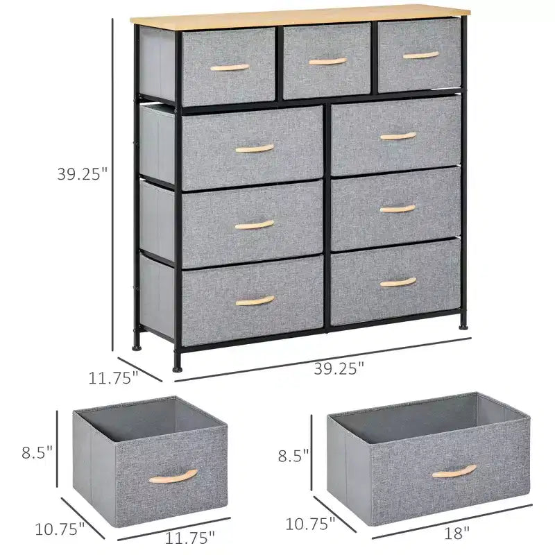 Commode de Chambre à Coucher avec 9 Tiroirs, Commode de Rangement avec Bacs en Tissu Faciles à Tirer, Cadre en Acier avec Plateau en Bois pour Placard Buanderie Entrée