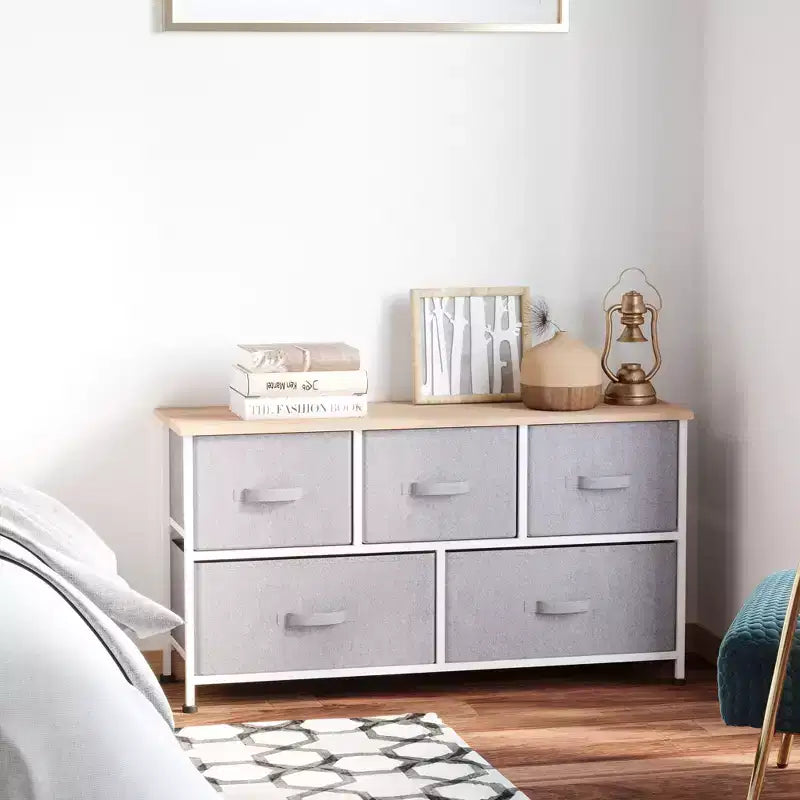 Commode de Chambre à Coucher avec 9 Tiroirs, Commode de Rangement avec Bacs en Tissu Faciles à Tirer, Cadre en Acier avec Plateau en Bois pour Placard Buanderie Entrée