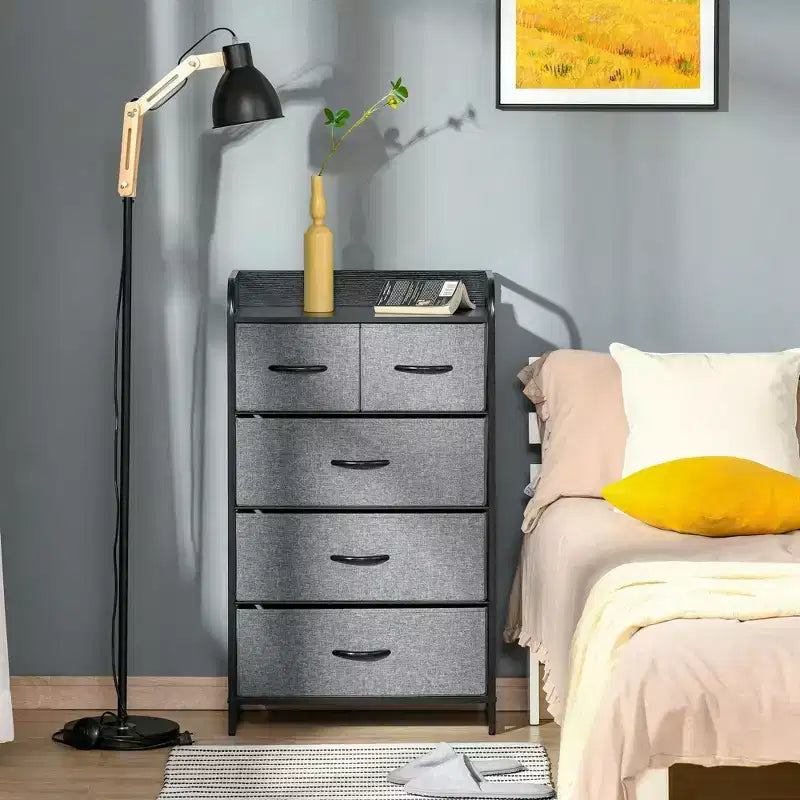 Commode de Chambre à Coucher avec 9 Tiroirs, Commode de Rangement avec Bacs en Tissu Faciles à Tirer, Cadre en Acier avec Plateau en Bois pour Placard Buanderie Entrée