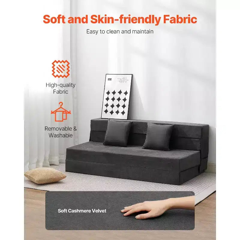 Canapé-lit pliant, lit de canapé pliable 3-en-1 avec 2 oreillers et housse lavable, lit de chaise-lit en mousse à mémoire de forme haute densité 25D, gris foncé (Queen)