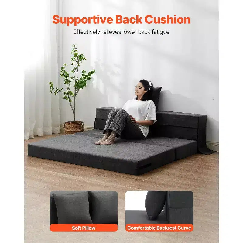 Canapé-lit pliant, lit de canapé pliable 3-en-1 avec 2 oreillers et housse lavable, lit de chaise-lit en mousse à mémoire de forme haute densité 25D, gris foncé (Queen)