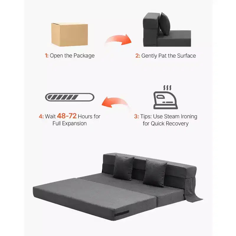 Canapé-lit pliant, lit de canapé pliable 3-en-1 avec 2 oreillers et housse lavable, lit de chaise-lit en mousse à mémoire de forme haute densité 25D, gris foncé (Queen)