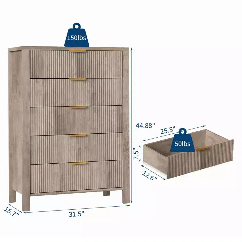 Commode à 5 tiroirs pour chambre à coucher, commode étroite et moderne de 114 cm de haut, armoire de rangement en bois ou table de chevet pour petits espaces