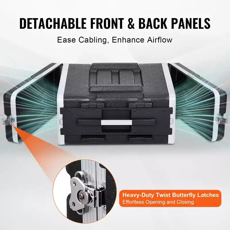 Flight case rack 4U, profondeur standard 19 pouces, rack serveur avec poignées en ABS, loquets papillons twist robustes, noir