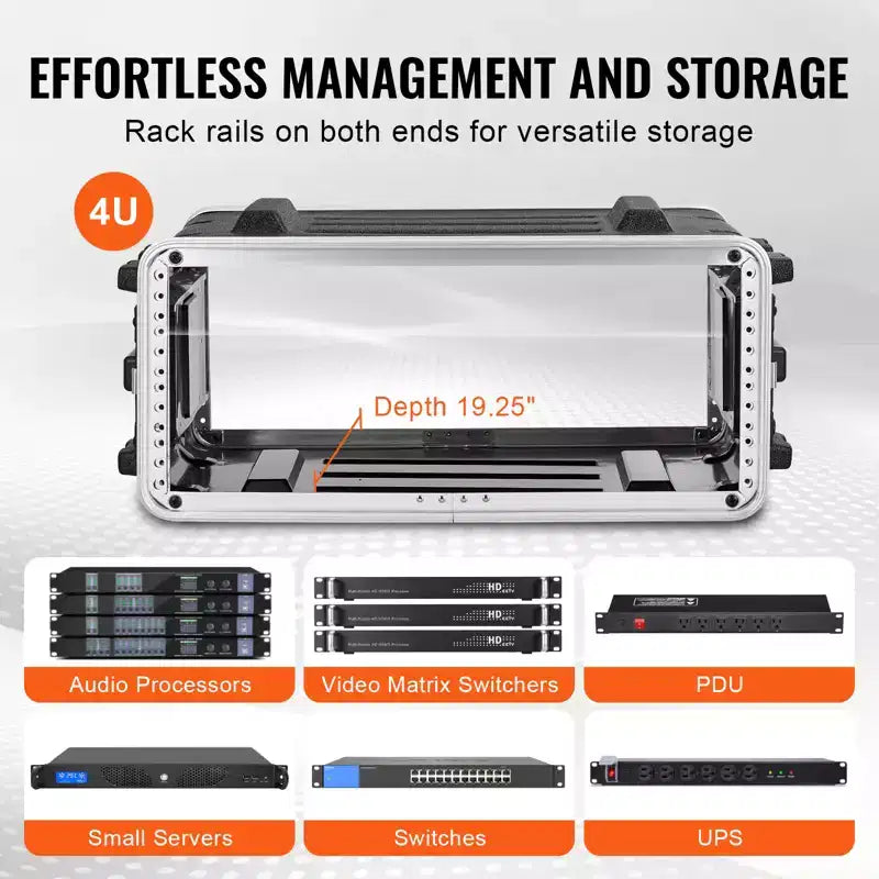 Flight case rack 4U, profondeur standard 19 pouces, rack serveur avec poignées en ABS, loquets papillons twist robustes, noir