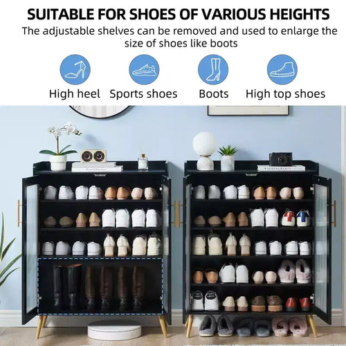 Meuble à chaussures 5 niveaux avec portes vitrées et étagère réglable pour entrée, organisateur de chaussures fin en bois pour 20 paires pour couloir d'appartements