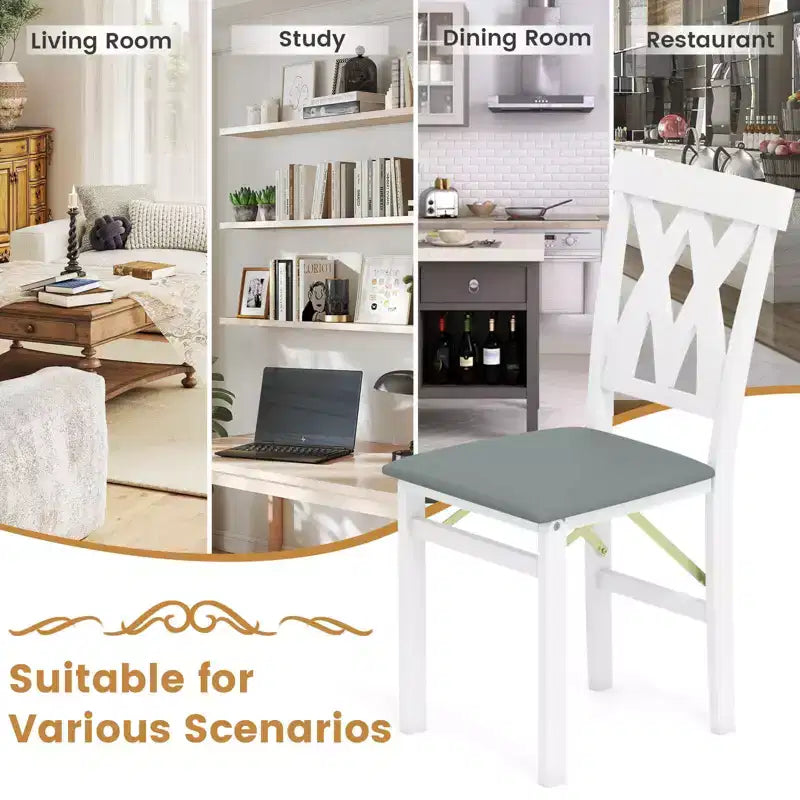 Chaises de cuisine pliantes lot de 2/4 avec cadre en bois d'hévéa et assise rembourrée en cuir PVC blanc/marron