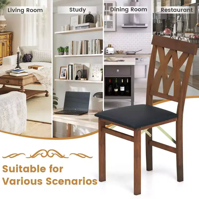 Chaises de cuisine pliantes lot de 2/4 avec cadre en bois d'hévéa et assise rembourrée en cuir PVC blanc/marron