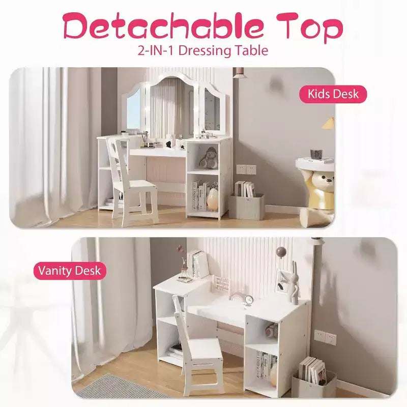 Coiffeuse pour enfants - Coiffeuse de princesse avec lumière tactile, miroir triptyque amovible, étagères de rangement ouvertes, ensemble de maquillage en bois avec filles