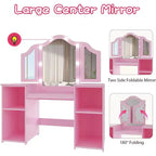 Coiffeuse pour enfants - Coiffeuse de princesse avec lumière tactile, miroir triptyque amovible, étagères de rangement ouvertes, ensemble de maquillage en bois avec filles