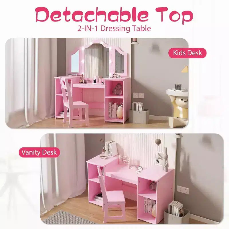 Coiffeuse pour enfants - Coiffeuse de princesse avec lumière tactile, miroir triptyque amovible, étagères de rangement ouvertes, ensemble de maquillage en bois avec filles