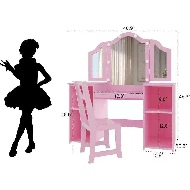 Coiffeuse pour enfants - Coiffeuse de princesse avec lumière tactile, miroir triptyque amovible, étagères de rangement ouvertes, ensemble de maquillage en bois avec filles
