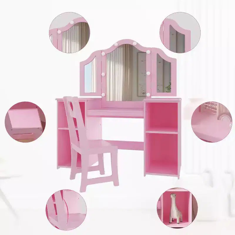 Coiffeuse pour enfants - Coiffeuse de princesse avec lumière tactile, miroir triptyque amovible, étagères de rangement ouvertes, ensemble de maquillage en bois avec filles