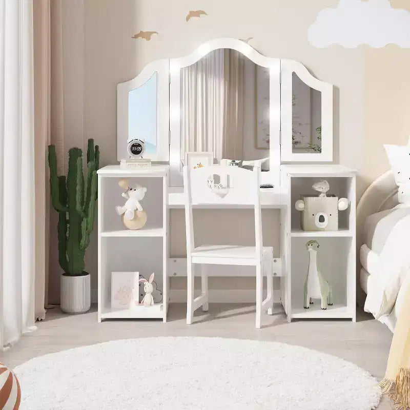 Coiffeuse pour enfants - Coiffeuse de princesse avec lumière tactile, miroir triptyque amovible, étagères de rangement ouvertes, ensemble de maquillage en bois avec filles