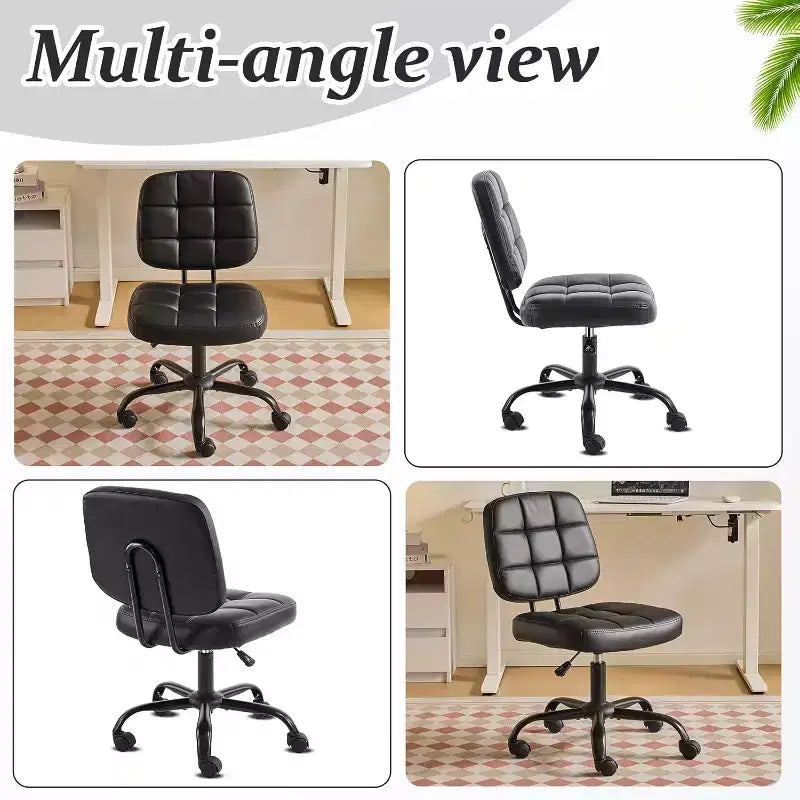 Petite chaise de bureau compacte, jolie chaise de coiffeuse sans accoudoirs avec roulettes, dossier bas, chaise de bureau réglable en hauteur pour petits espaces, cuir PU