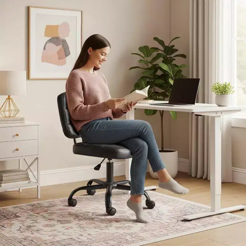 Petite chaise de bureau compacte, jolie chaise de coiffeuse sans accoudoirs avec roulettes, dossier bas, chaise de bureau réglable en hauteur pour petits espaces, cuir PU