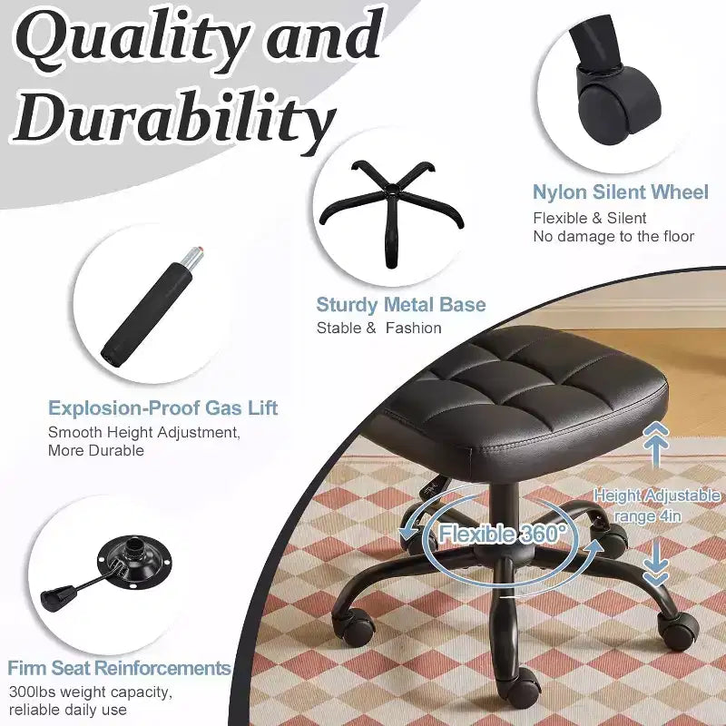 Petite chaise de bureau compacte, jolie chaise de coiffeuse sans accoudoirs avec roulettes, dossier bas, chaise de bureau réglable en hauteur pour petits espaces, cuir PU