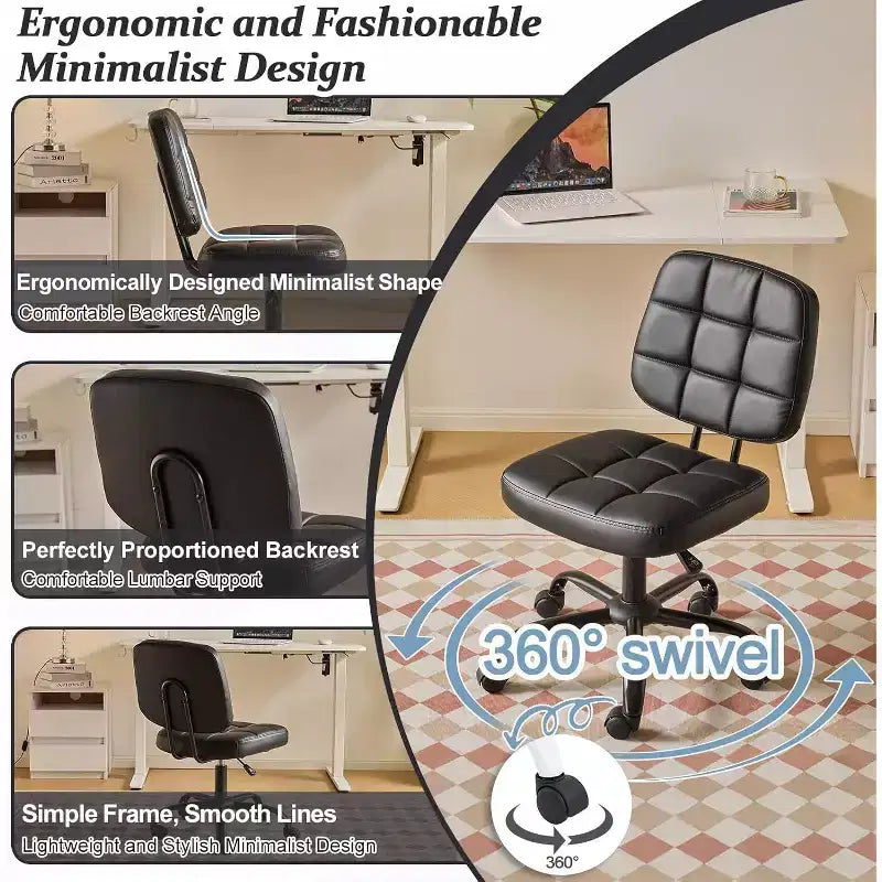 Petite chaise de bureau compacte, jolie chaise de coiffeuse sans accoudoirs avec roulettes, dossier bas, chaise de bureau réglable en hauteur pour petits espaces, cuir PU