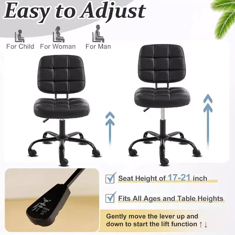 Petite chaise de bureau compacte, jolie chaise de coiffeuse sans accoudoirs avec roulettes, dossier bas, chaise de bureau réglable en hauteur pour petits espaces, cuir PU