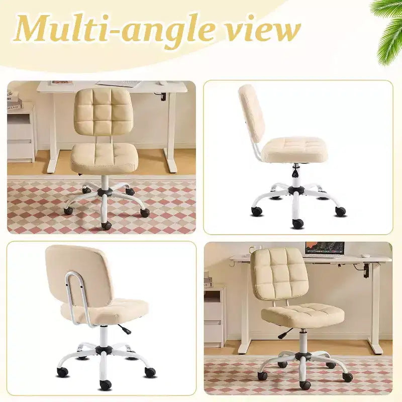 Petite chaise de bureau compacte, jolie chaise de coiffeuse sans accoudoirs avec roulettes, dossier bas, chaise de bureau réglable en hauteur pour petits espaces, cuir PU