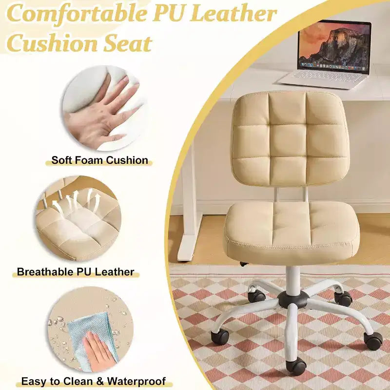 Petite chaise de bureau compacte, jolie chaise de coiffeuse sans accoudoirs avec roulettes, dossier bas, chaise de bureau réglable en hauteur pour petits espaces, cuir PU