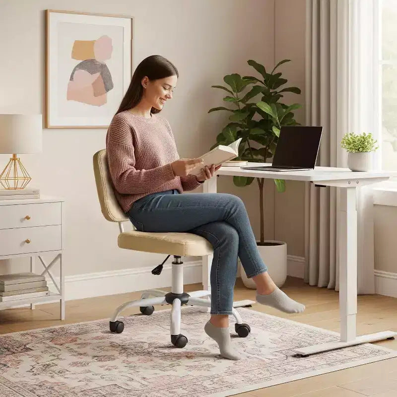 Petite chaise de bureau compacte, jolie chaise de coiffeuse sans accoudoirs avec roulettes, dossier bas, chaise de bureau réglable en hauteur pour petits espaces, cuir PU