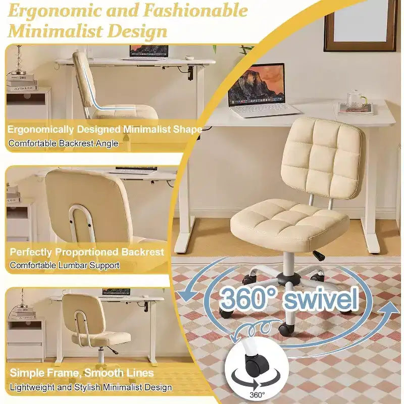 Petite chaise de bureau compacte, jolie chaise de coiffeuse sans accoudoirs avec roulettes, dossier bas, chaise de bureau réglable en hauteur pour petits espaces, cuir PU