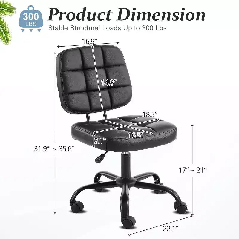 Petite chaise de bureau compacte, jolie chaise de coiffeuse sans accoudoirs avec roulettes, dossier bas, chaise de bureau réglable en hauteur pour petits espaces, cuir PU