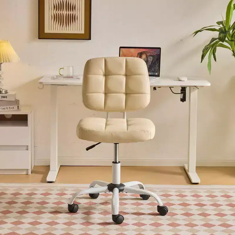 Petite chaise de bureau compacte, jolie chaise de coiffeuse sans accoudoirs avec roulettes, dossier bas, chaise de bureau réglable en hauteur pour petits espaces, cuir PU
