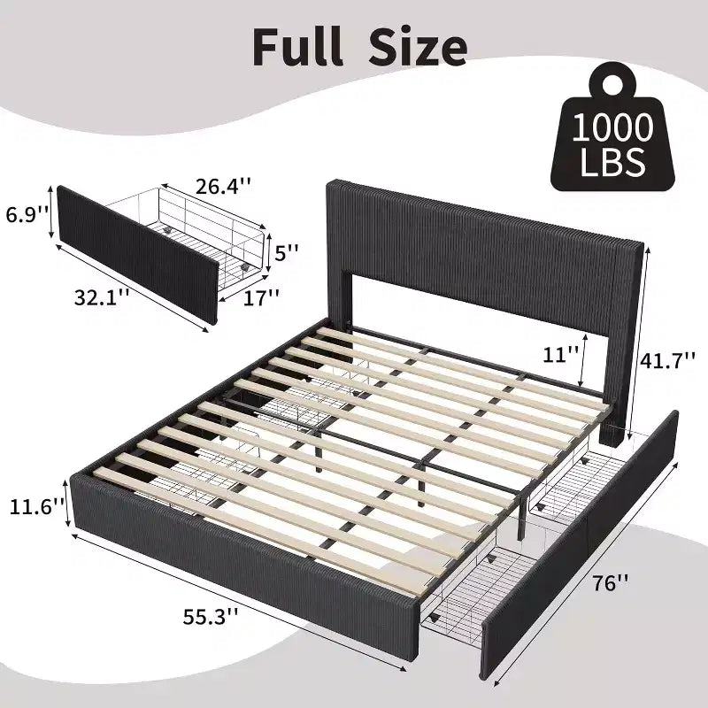 Lit plateforme double/grand lit/très grand lit avec tête de lit capitonnée à oreilles, revêtement en velours côtelé, 4 tiroirs de rangement, lattes en bois, pas besoin de sommier