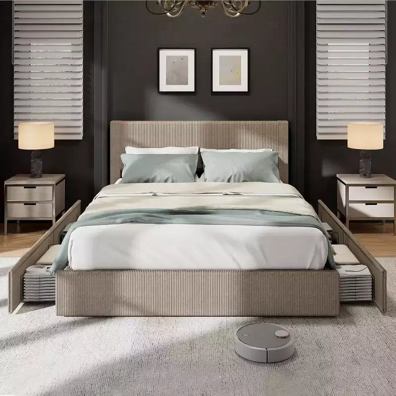 Lit plateforme double/grand lit/très grand lit avec tête de lit capitonnée à oreilles, revêtement en velours côtelé, 4 tiroirs de rangement, lattes en bois, pas besoin de sommier