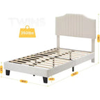 Lit double pour enfant de taille plus beige, tête de lit robuste en velours, lattes en bois de chêne, résistant aux grincements, pas besoin de sommier tapissier, assemblage facile